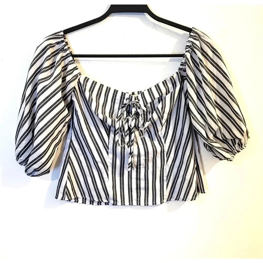Aute Monde Womens Striped Off The Shoulder Puff Sleeve Tie Front Blouse Black M